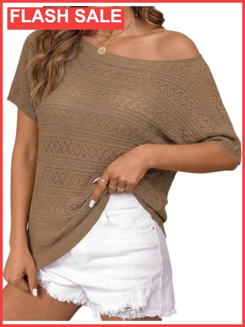 Womens Crochet Off Shoulder Short Sleeve Knit Top Sweater Pullover